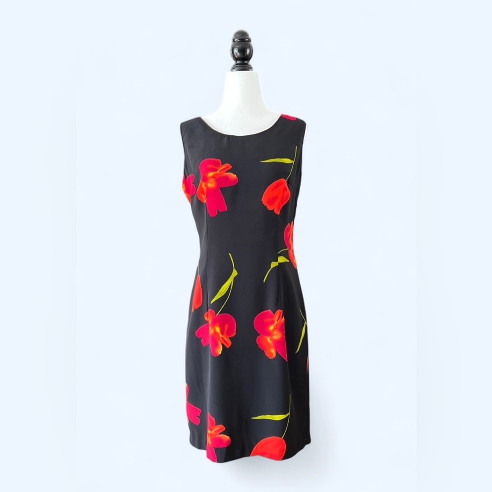 Vintage Clandeline Black Floral Midi Shift Dress Feminine Summer Size 8